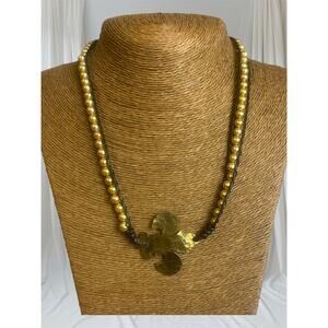 Gold Metal Fleur de Lis Pendant on Beaded Necklace with Rhinestone Clasp
